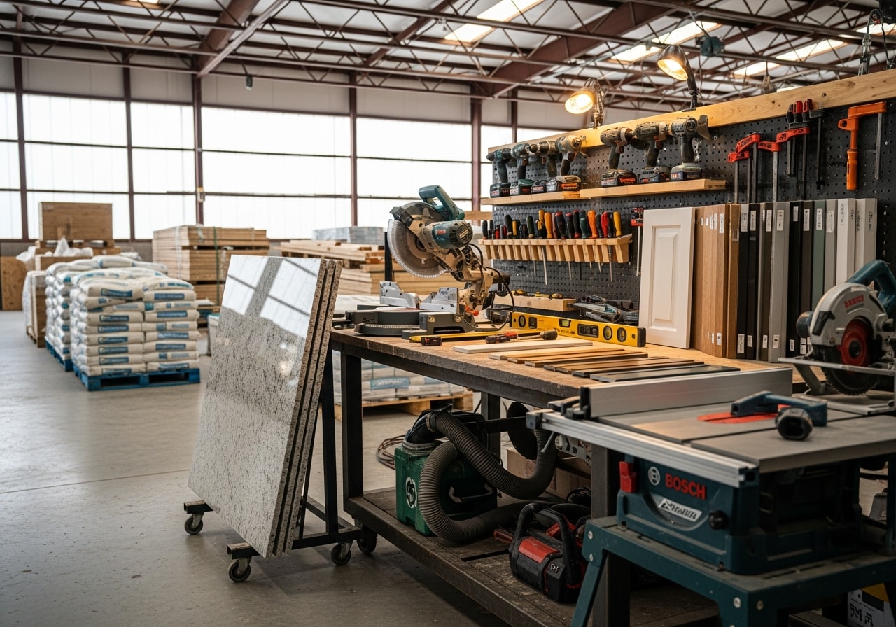 Construction crew and tools ready for a residential remodeling project, showcasing professional equipment and workspace setup.