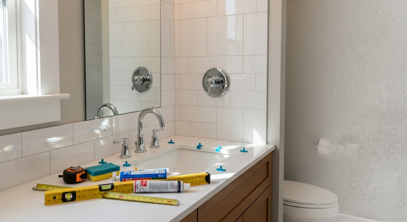 Renovated bathroom with new fixtures and tile flooring