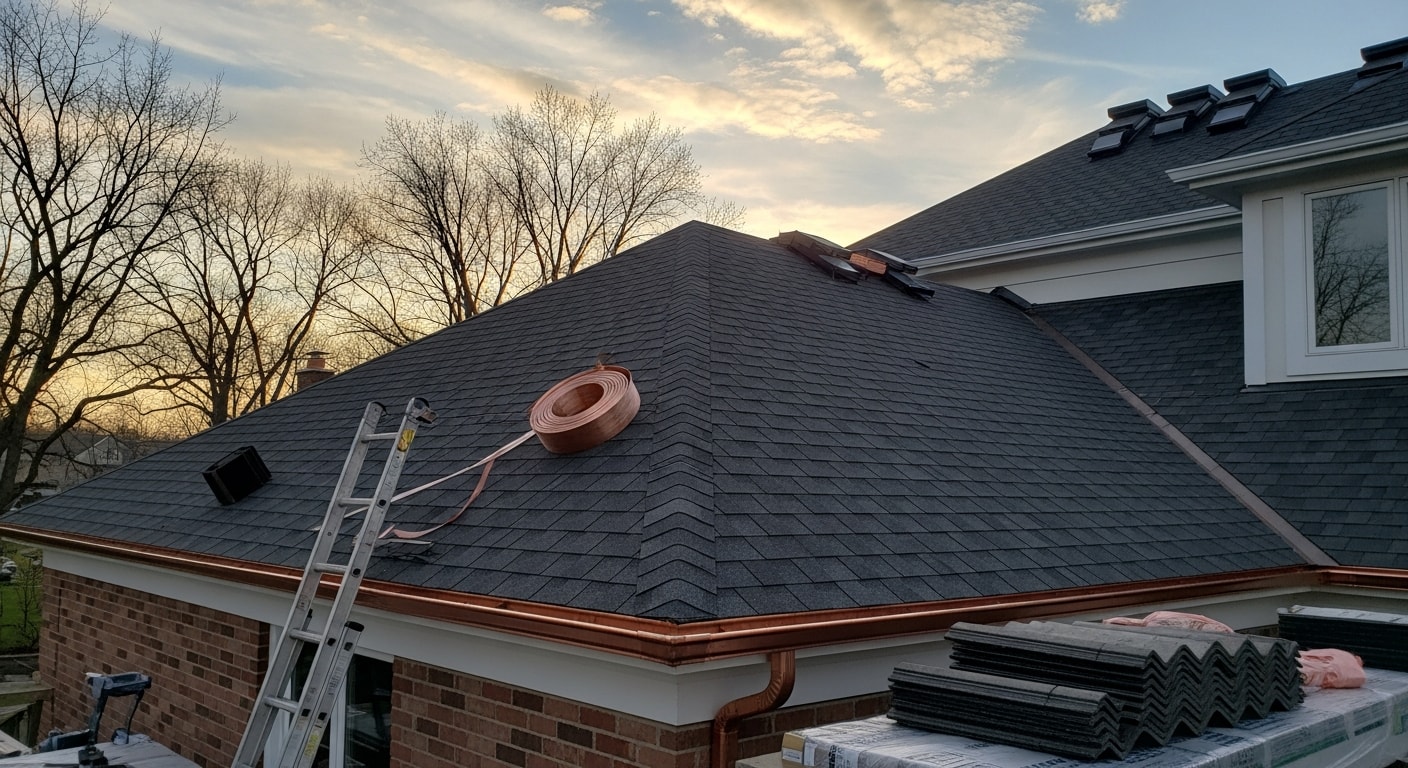 Residential roof with new shingles and proper drainage