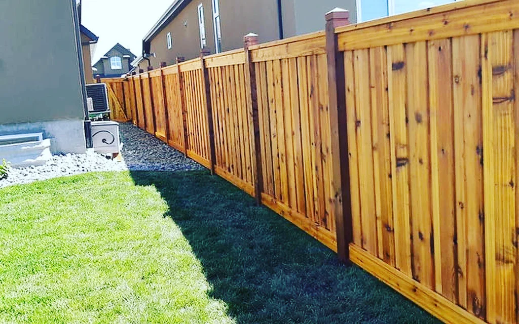 Newly installed cedar privacy fence with vertical boards and landscape edging in residential backyard