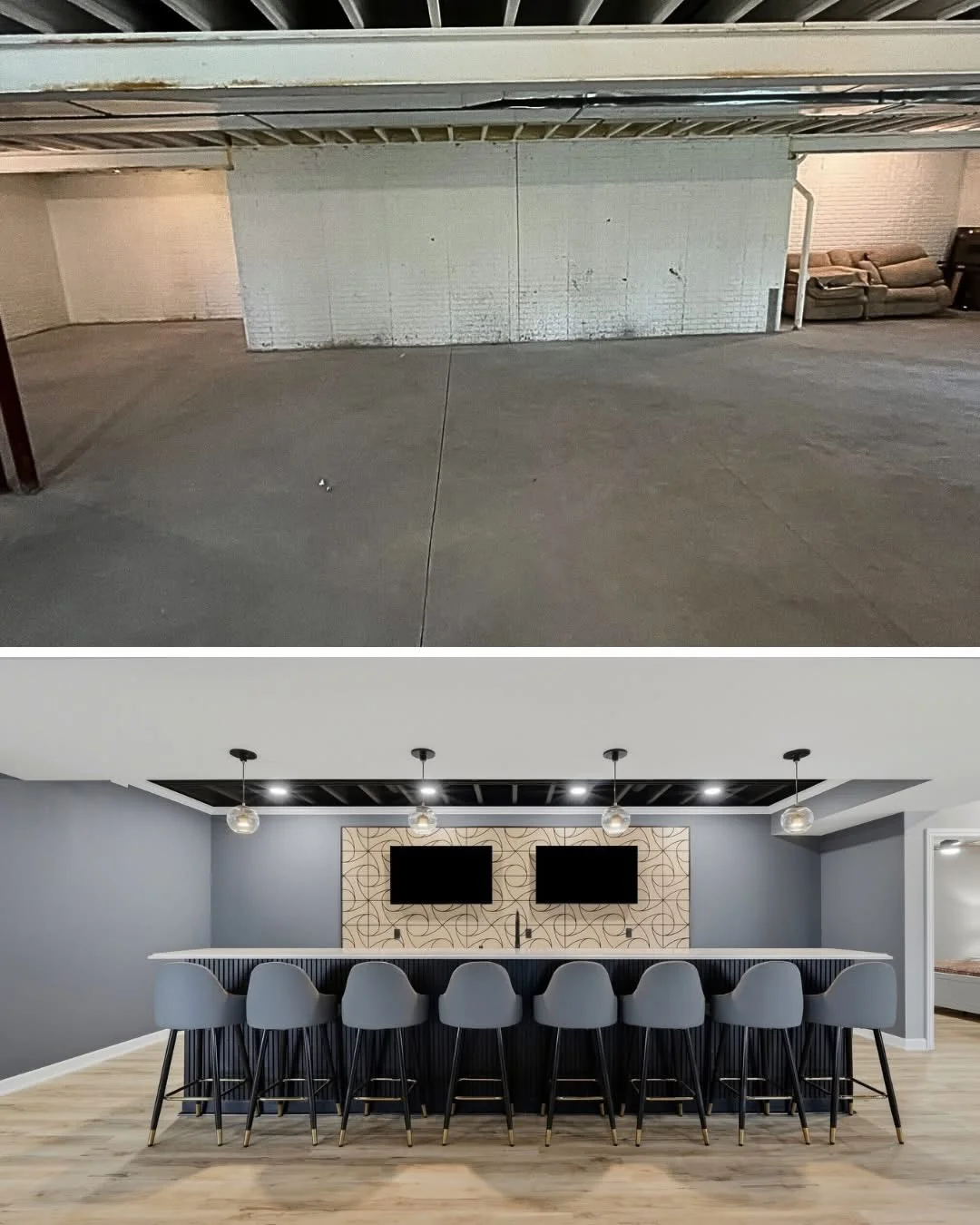 Before and after basement bar renovation with custom counter and geometric backsplash