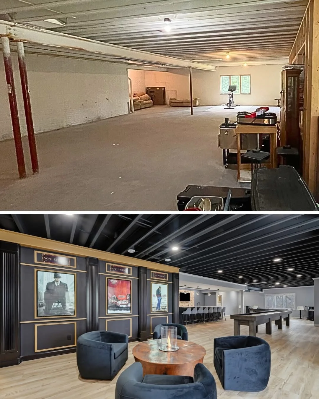 Finished basement with dark paneled walls, lounge seating, bar counter, and recessed lighting
