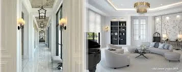 Modern kitchen with white cabinetry and contemporary bathroom with elegant fixtures and lighting