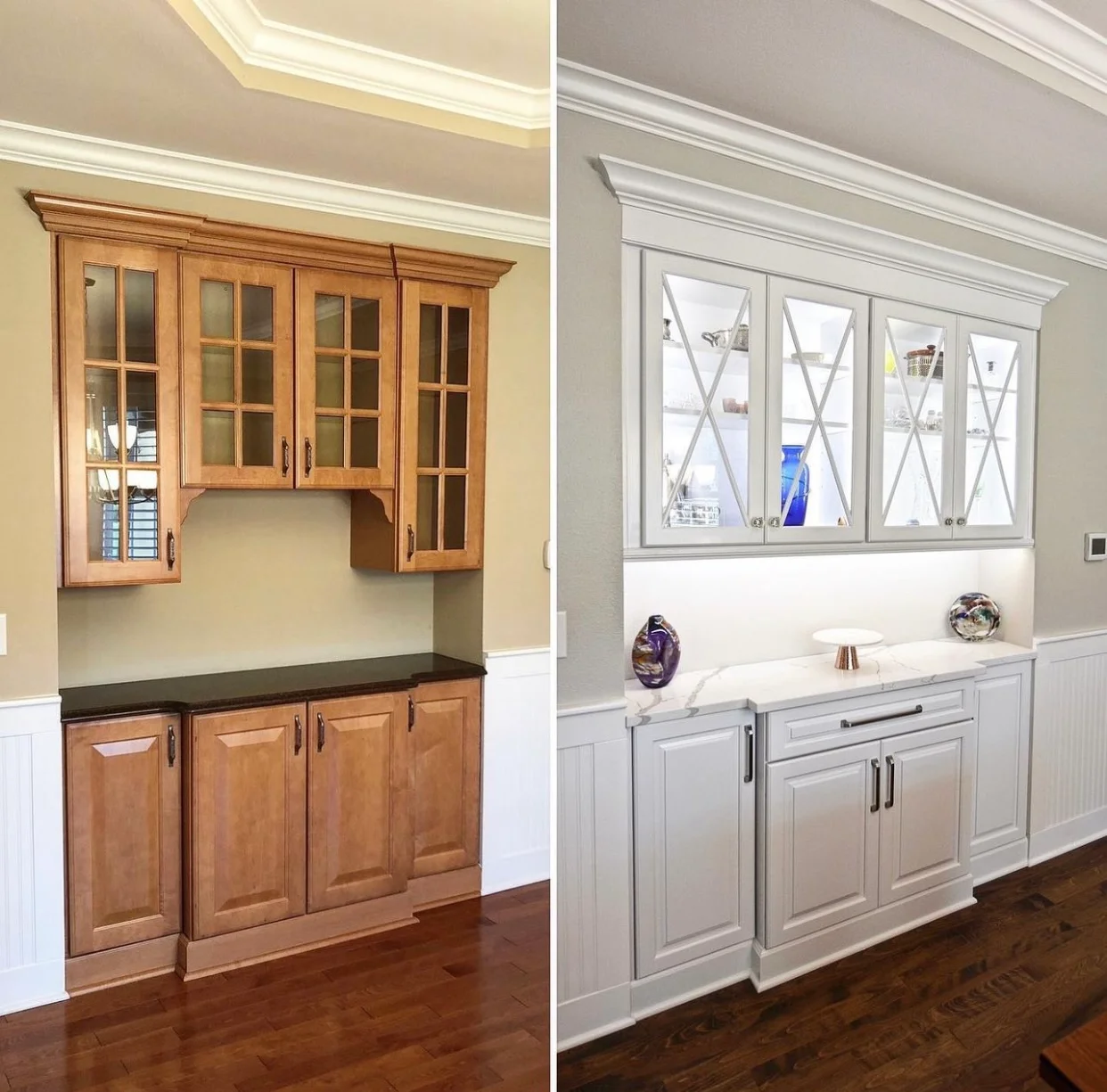 Before and after beverage bar remodel with wood to white painted cabinets and glass doors