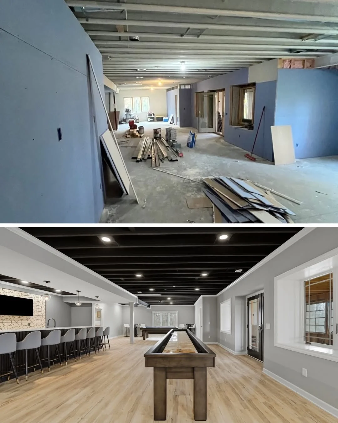 Finished basement with wet bar, shuffleboard table, and modern lighting