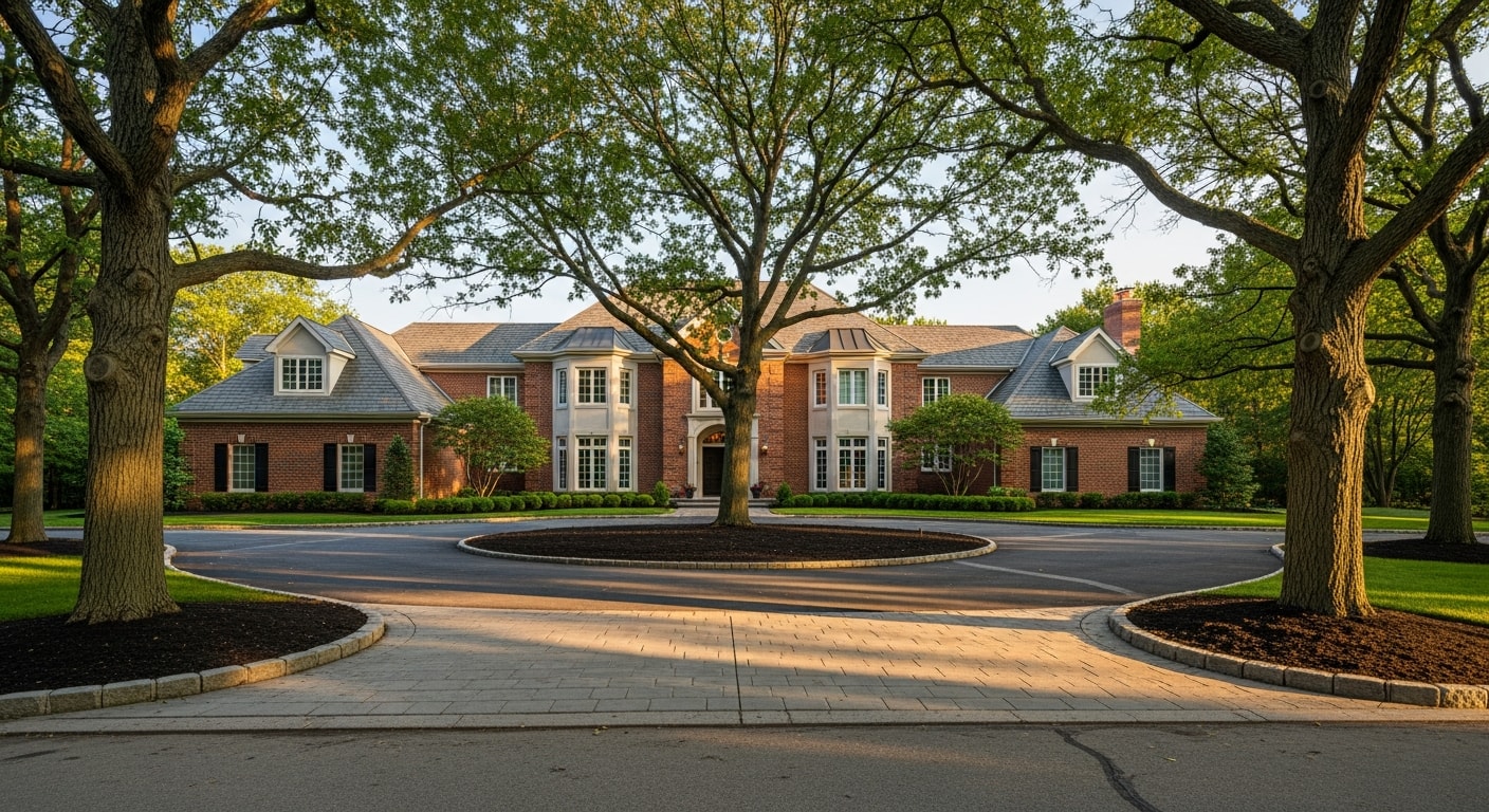 Large brick estate home in Barrington with mature oak trees and circular driveway.