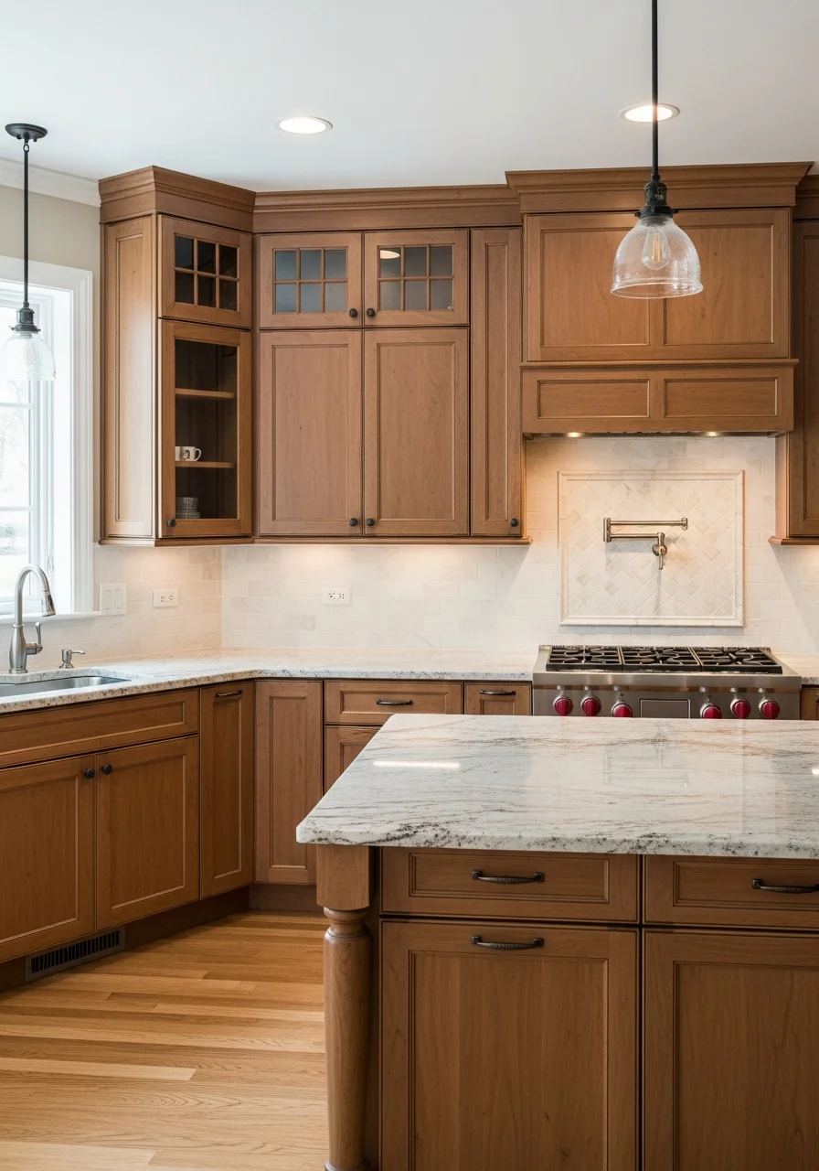 Custom kitchen with high-end cabinetry and countertops in an upscale Hawthorn Woods residence