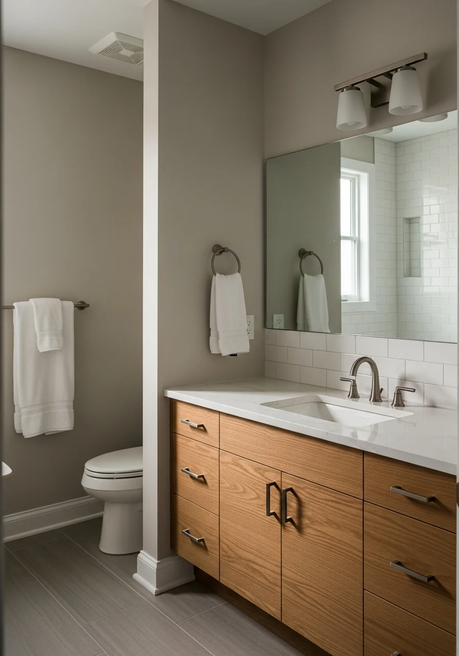 Newly remodeled master bathroom with vanity and tile flooring in Hoffman Estates residence