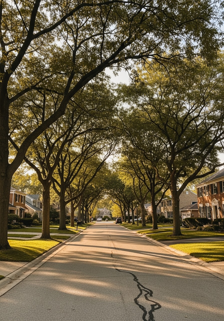 Palatine residential neighborhood with multiple homes and mature trees.
