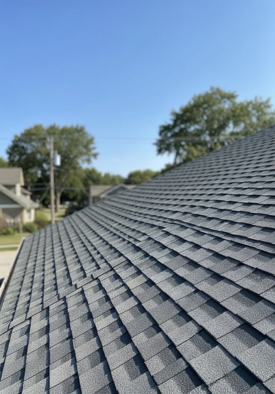 Newly installed architectural shingles on residential roof with clear sky in background