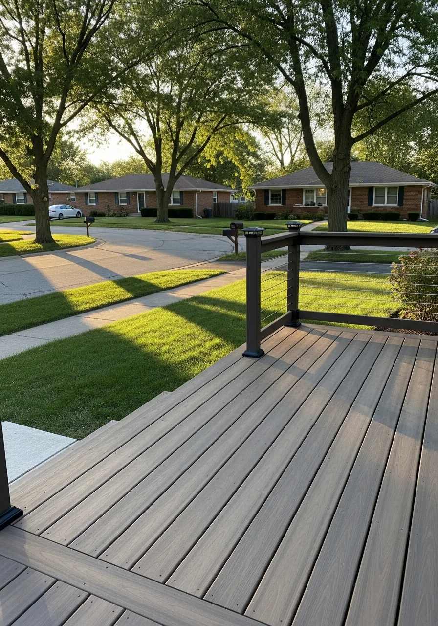 Newly constructed composite deck overlooking Wheeling residential neighborhood