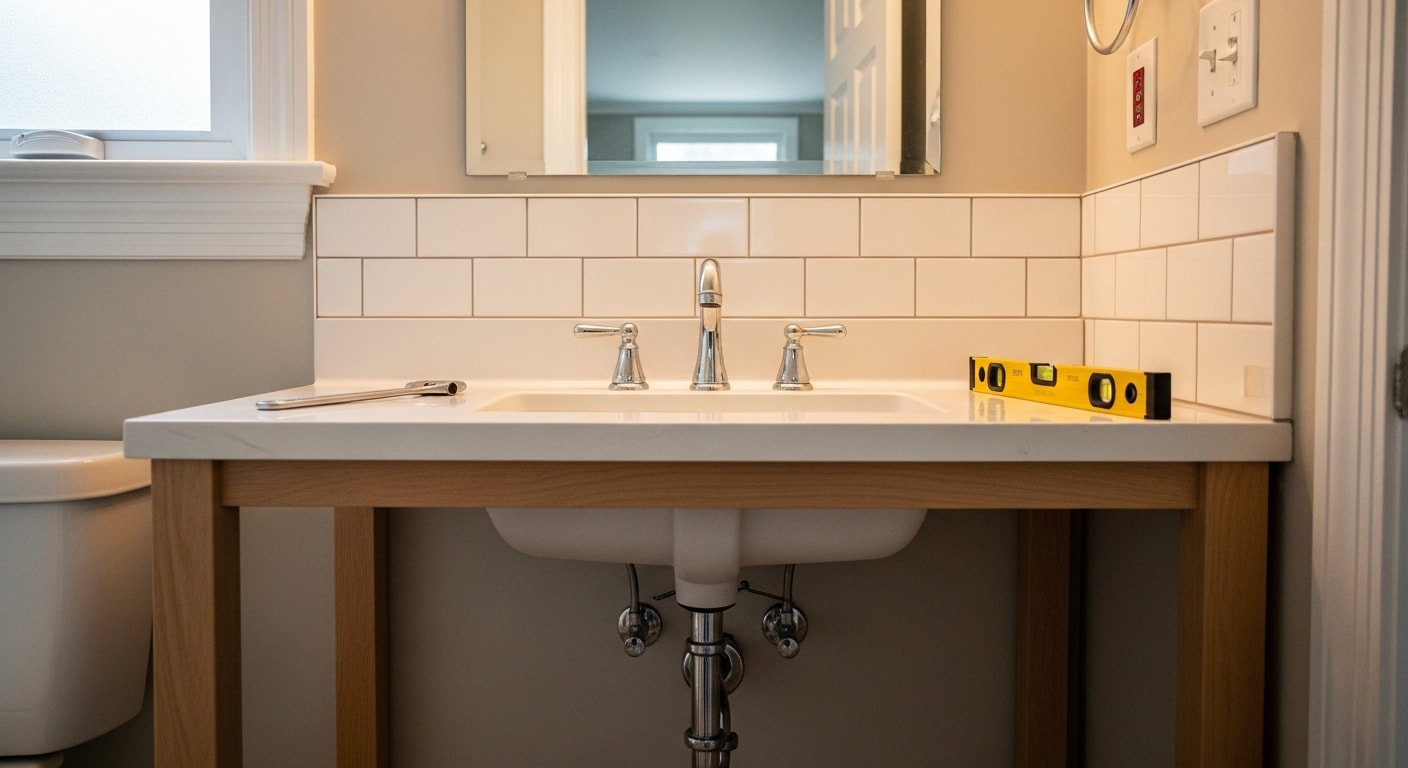 A newly installed bathroom vanity faucet and undermount sink in a Barrington home bathroom, with clean supply line connections and a finished tile surround visible in the background. The space reflects the updated, well-maintained style common in Barrington residential remodels.