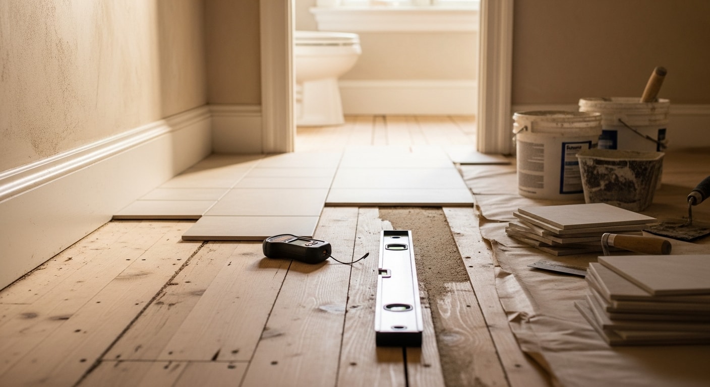Newly installed bathroom floor in a single-family home in Barrington, Illinois, showing clean grout lines and a moisture-resistant surface in a bright, updated bathroom. The finished floor reflects a full installation by Belgravia Design and Construction, including subfloor prep and precise edge cuts.