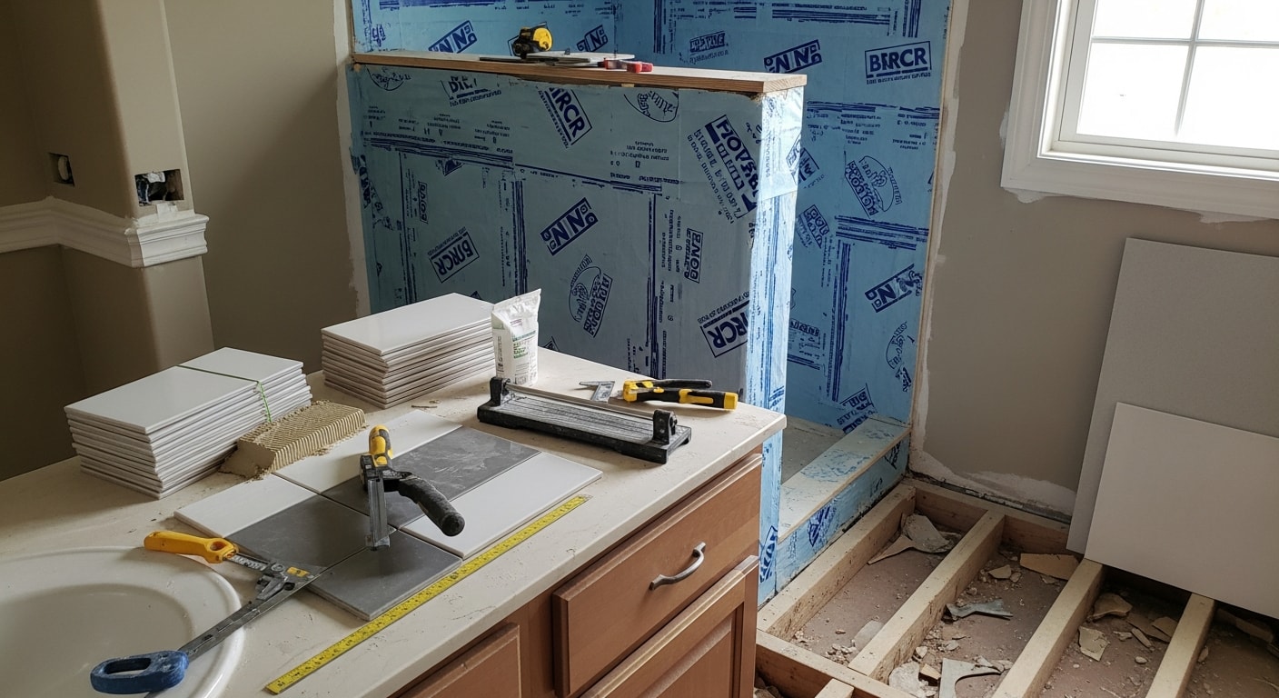 A remodeled master bathroom in a Barrington home featuring a walk-in tile shower, double vanity, and updated lighting. The finished space reflects the clean, high-quality interior standards common in Barrington residential properties.