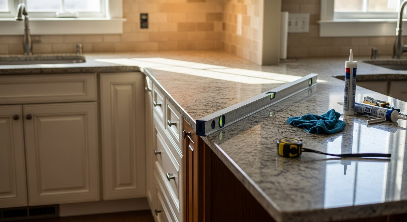 Newly installed kitchen countertop in a Barrington home, showing a flush fit along white shaker cabinets with clean edges and a smooth work surface. The kitchen reflects a mid-century colonial layout common in the Barrington area, updated with a modern countertop replacement.