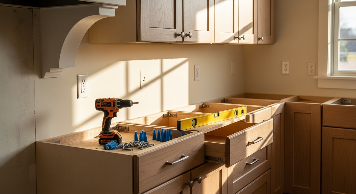 Newly installed custom kitchen cabinets in a Barrington home, showing floor-to-ceiling cabinetry with aligned doors and built-in storage solutions. The kitchen features a clean layout tailored to the room dimensions of a mid-century residential property.