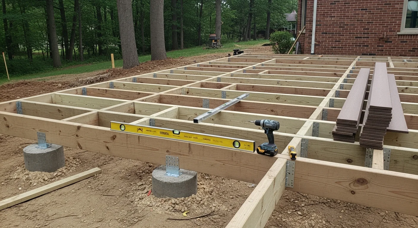 A newly built custom deck attached to a residential home in Barrington, Illinois, featuring composite decking boards, black metal railing, and wide stairs leading to a backyard lawn. The structure shows clean framing lines and a multi-level layout suited to the home's exterior.