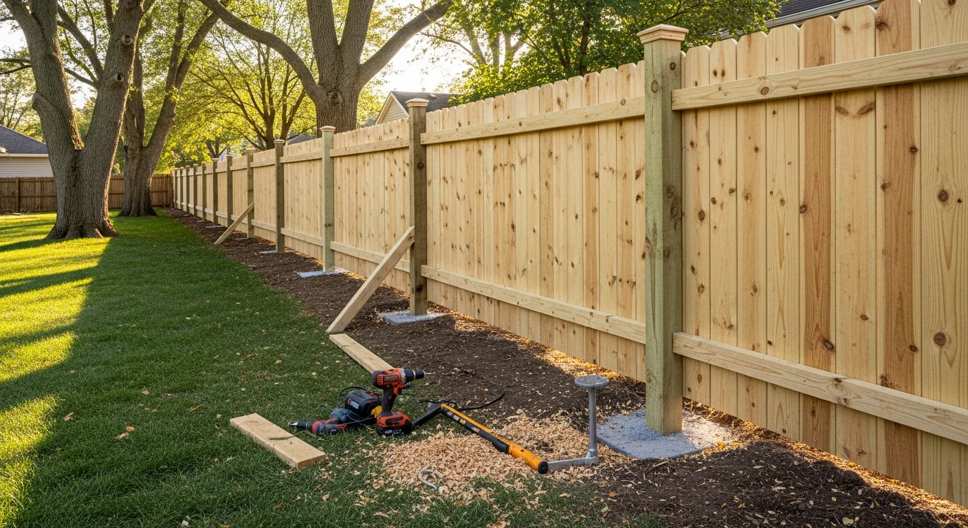 A newly installed wood privacy fence enclosing the backyard of a residential property in Barrington, IL, with clean post lines and a closed gate visible along the property boundary. The surrounding yard shows mature trees typical of the Barrington area.
