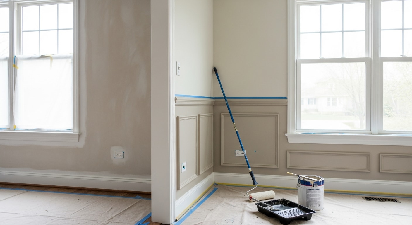 Interior of a Barrington, IL home showing freshly painted walls, white trim, and a clean ceiling in a large open-concept living area. The finished surfaces are smooth and even, with no visible brush marks or roller lines.