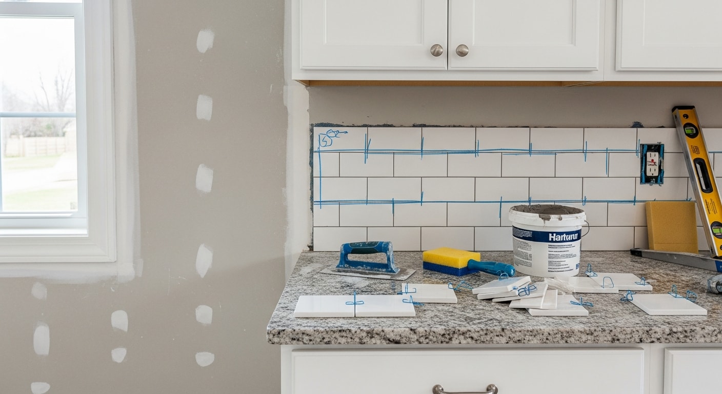A freshly installed tile kitchen backsplash running from countertop to upper cabinets in a Barrington home kitchen. The grout lines are clean and even, with the tile surface reflecting light above a dark stone countertop.