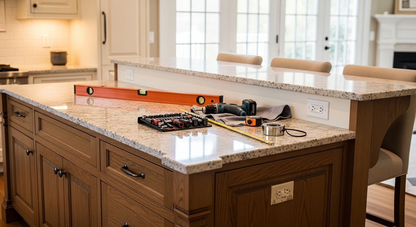 A newly installed custom kitchen island in a Barrington home, featuring a stone countertop, built-in cabinetry below, and a seating overhang on one side. The island sits centered in an open kitchen layout with clear aisle space on all sides.
