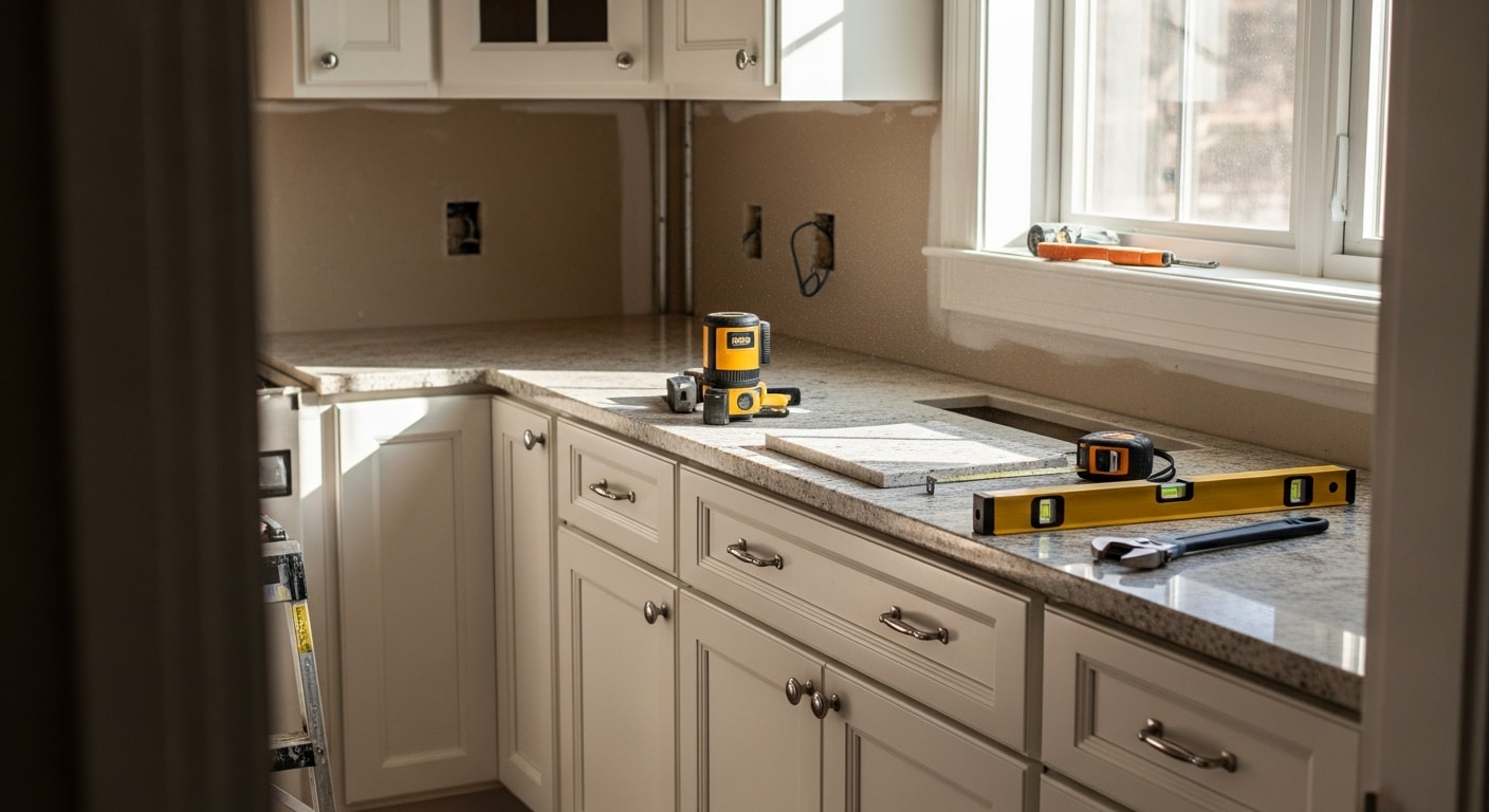 Remodeled kitchen in a Barrington, Illinois home featuring updated cabinetry, new countertops, and an open layout replacing a formerly closed-off floor plan. The finished space reflects the architectural style common to northwest suburban Chicago homes.
