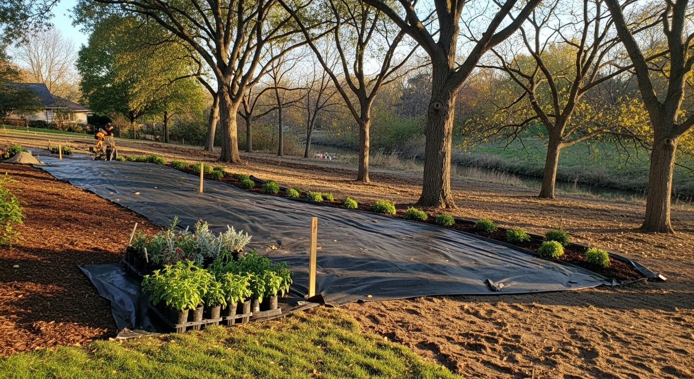 A finished residential landscape design in Barrington, IL, showing a structured stone patio, defined planting beds with hardy perennials, and a graded lawn area adjacent to a single-family home. The design reflects the site-specific conditions common to Barrington properties, including managed grade transitions and climate-adapted plantings.