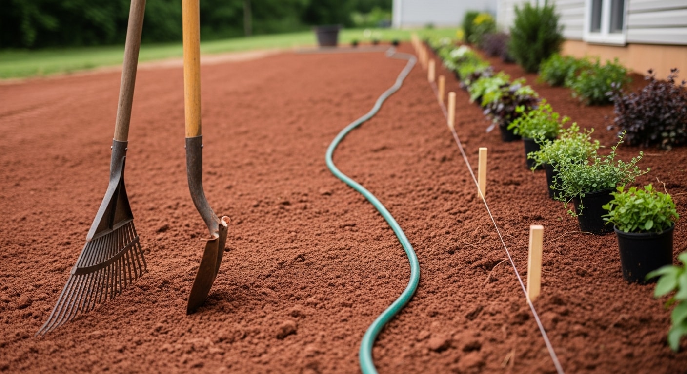 Newly installed residential landscape beds with defined edging and layered softscape plantings on a Barrington, Illinois property. Clay soil grading and drainage corrections are visible along the property perimeter near the foundation.