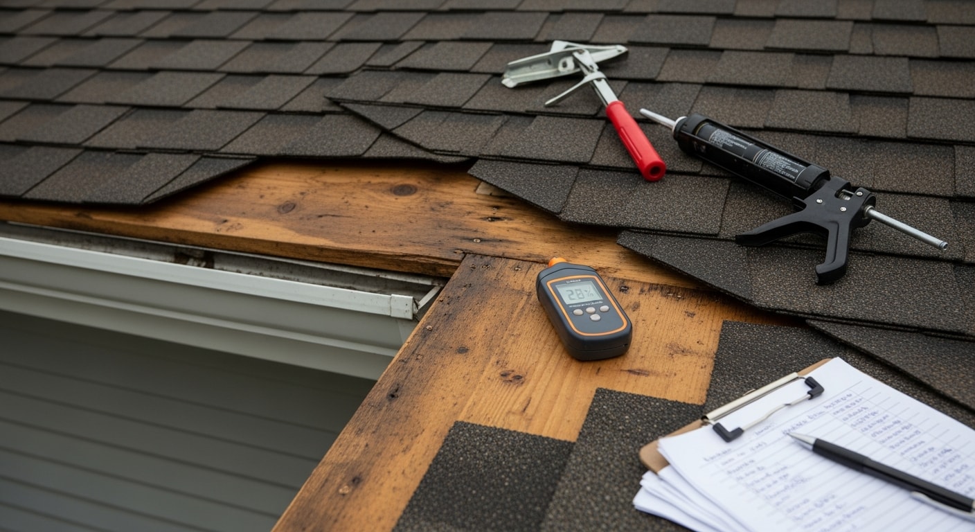 A Barrington, IL residential roof after leak repair, showing resealed flashing and replaced shingles at a roof transition point. The steep-pitch roof on a single-family home is viewed from ground level under clear skies.