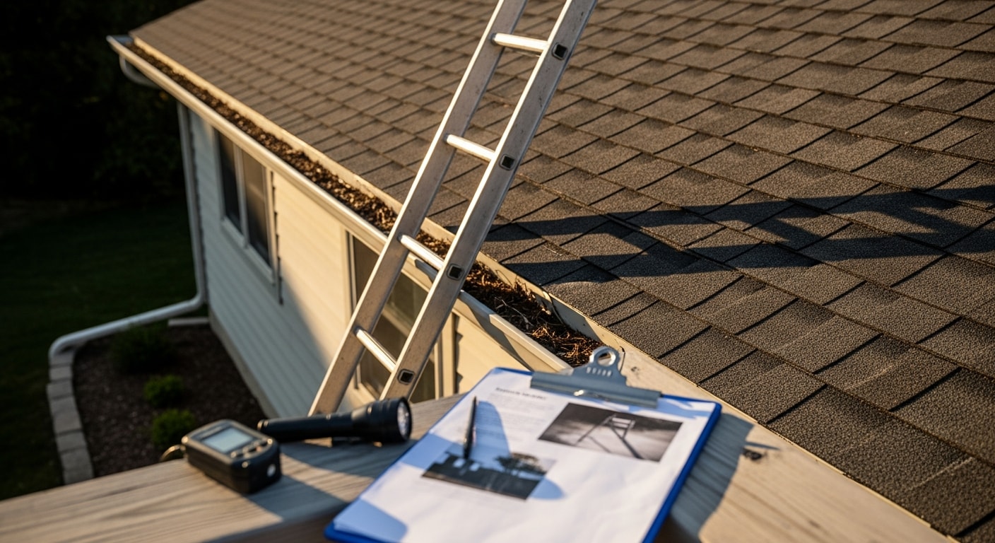 A roofing professional from Belgravia Design and Construction inspecting the shingle surface and flashing of a residential home in Barrington, Illinois. The inspector photographs damage near the roof edge of a large single-family home typical of the Barrington area.