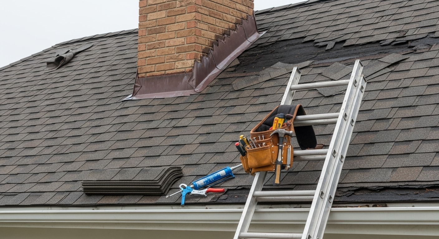 A roofing contractor repairing damaged shingles and flashing on a residential home in Barrington, IL after storm damage. Close-up view of the repaired roof section showing replaced shingles along the ridge line against a partly cloudy Illinois sky.