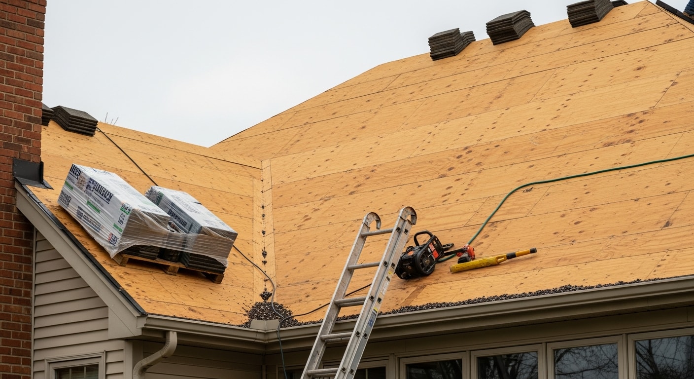 A completed roof replacement on a two-story Colonial-style home in Barrington, Illinois, showing new roofing installed across the full roofline. The surrounding mature trees and large residential lot reflect the established character of the Barrington area.