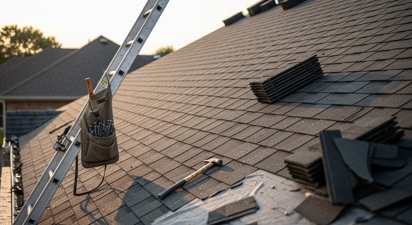 A Barrington single-family home with a newly completed shingle roof replacement, showing clean uniform shingle lines across a steeply pitched roofline. The surrounding yard reflects a typical Barrington residential property with mature trees and a large lot.