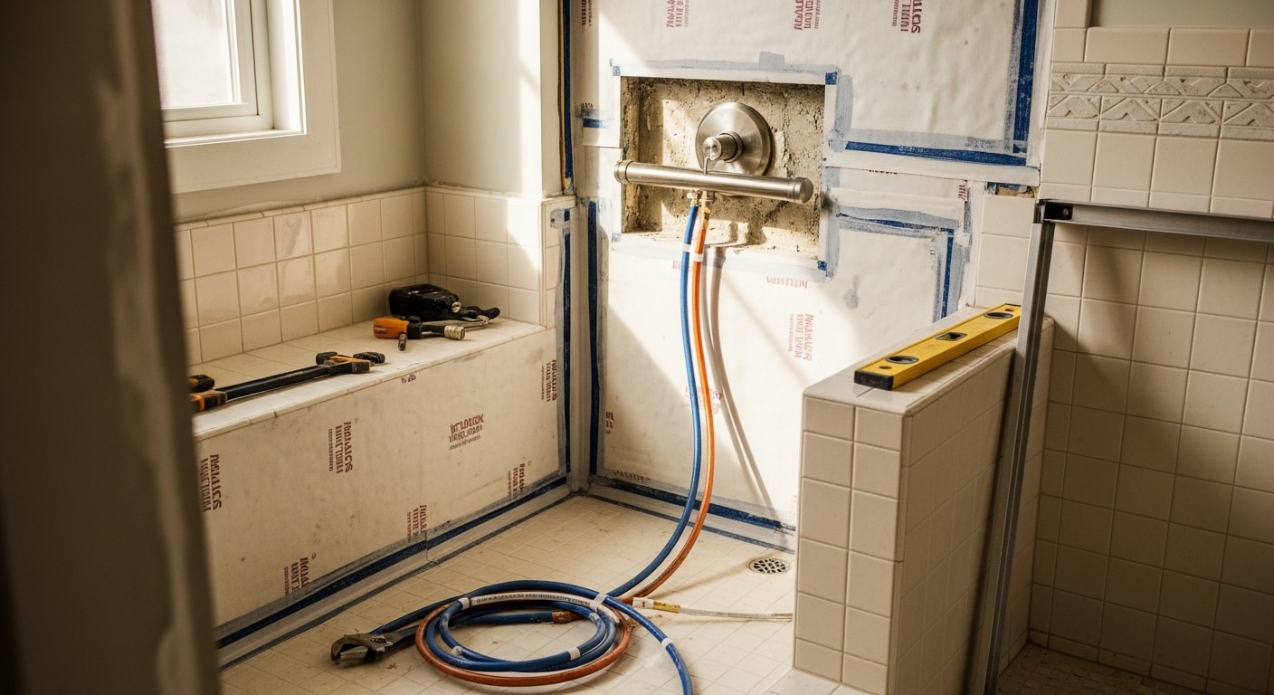 A newly installed walk-in shower with tile walls and a glass enclosure in a remodeled Barrington, IL home bathroom. The shower replaces an older tub and features a low-threshold entry and recessed wall niche.