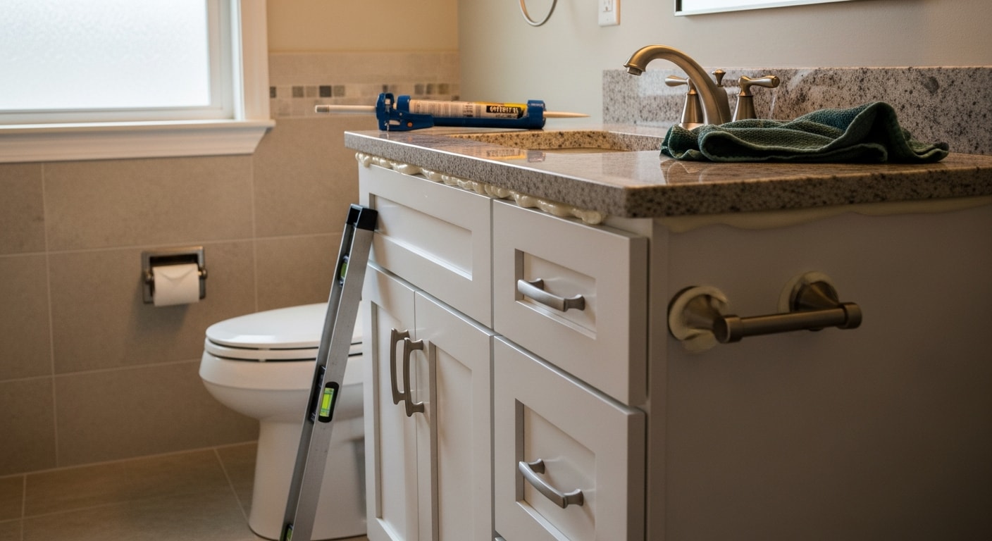 A newly installed double-sink bathroom vanity with a stone countertop and under-cabinet storage in a Barrington, Illinois home. The cabinet is flush against a freshly painted wall with clean caulk lines and matching faucet fixtures.
